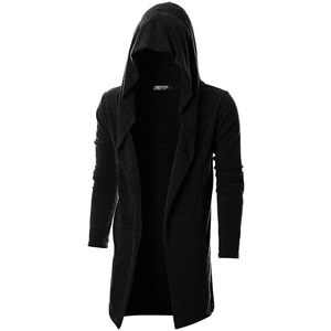 Cárdigan largo gótico con capucha para hombre, abrigo de punto con frente abierto, color negro sólido - Product Image 6