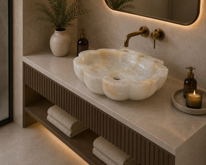 Lavabo de Piedra Ónix Blanco Pulido Redondo de Lujo Exclusivo para Baño - Product Image 1