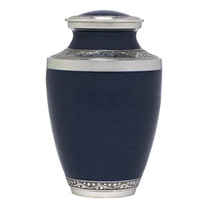 Urne funéraire en métal bleu foncé pour cendres humaines |   Urne commémorative pour adultes avec bandes argentées gravées |   Écologique et durable, 220 pouces cubes - Product Image 1