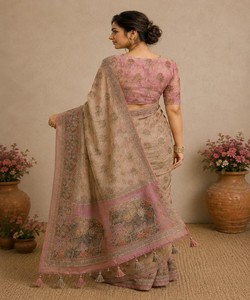 Sari en soie dessiné à la main avec imprimé éléphant et bordure rose, tenue de mariage indienne traditionnelle pour femmes VT-860 85649 - Product Image 2
