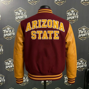 <b>Men's</b> Maroon Arizona <b>Varsity</b> <b>Jacket</b> With Gold PU Leather Sleeves Embroidery Front Letterman <b>Bomber</b> Coat Autumn Casual Wear - Product Image 2