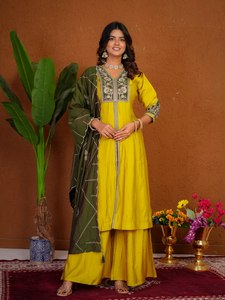 <b>Women</b> Yellow Rayon Embroidered <b>Kurta</b> Set With Palazzo And Green Dupatta - Product Image 1