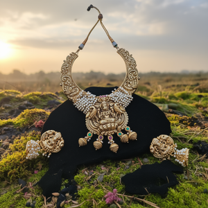 Fashion Jewelry Set Goddess Lakshmi Engraved Matte Necklace with Jhumki Earrings - Product Image 2