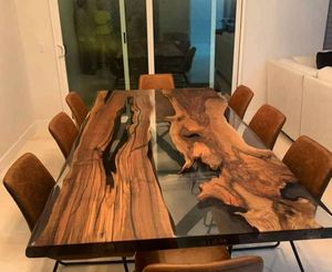 Table à manger en chêne blanc massif avec bord naturel et résine de charbon de bois, durable, faite à la main, design moderne pour restaurant, entrepôt, supermarché - Product Image 5