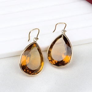Pendientes Colgantes de Oro Amarillo Sólido de 18K con Cuarzo Natural en Forma de Pera y Engaste de Bisel, Joyería Fina, Memoria Jewels, Venta al por Mayor - Product Image 1