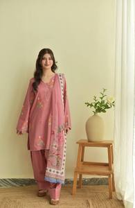 Pink Embroidered Cotton Quick Dry Midi Length <b>Kurta</b> Set <b>Women</b> Traditional Loose Fit Casual Wear India & Pakistan Style - Product Image 3