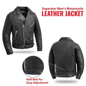 Veste de motard en cuir véritable noir pour homme, coupe ajustée, style punk rock, veste en cuir vintage - Product Image 5