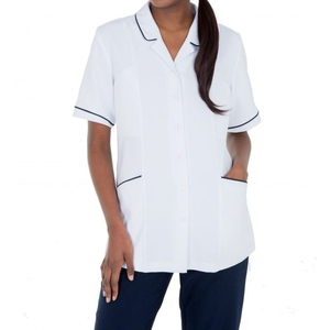 Tunique blanche à manches courtes pour femmes, bordure marine, respirante, en coton/polyester/spandex, uniforme pour esthéticiennes, infirmières, personnel hôtelier - Product Image 3