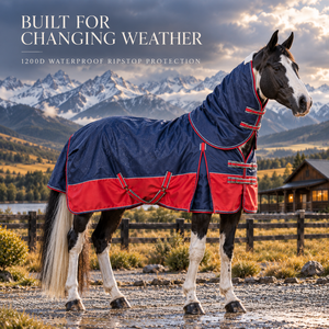Couverture de pluie pour cheval 1200D XL-Gusset avec col détachable, imperméable, pour l'extérieur |   Équipement d'équitation respirant en ripstop bleu marine et rouge - Product Image 4