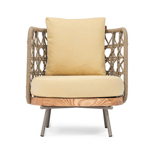 Fauteuil lounge moderne Annette pour villa, structure en aluminium, rotin tressé avec base en bois massif et coussins épais, finition naturelle - Product Image 3