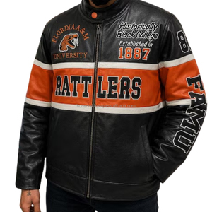 Florida A&M University Rattlers Varsity <b>Jacket</b> Genuine Leather Black Orange White Zipper Front Logo Embroidered HBCU 1887 Long - Product Image 1