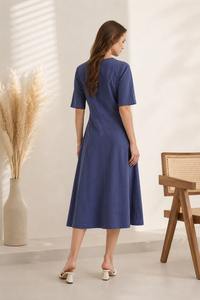 Robe midi en coton 100% pour femmes, coupe évasée avec plis |   Robes d'été décontractées bleues unies à col rond et manches courtes pour filles - Product Image 4