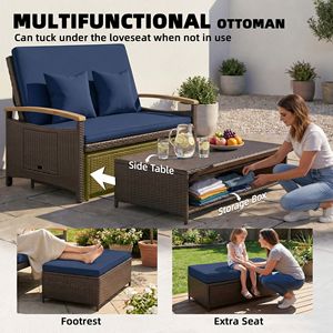 Lettino da Esterno Regolabile in Rattan con Schienale a 4 Livelli, Divano Letto da Patio Blu Navy con Pouf Contenitore e Braccioli in Legno di Acacia - Product Image 3