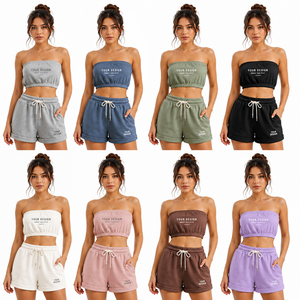 Ensemble d'été deux pièces personnalisé pour femme : haut court bandeau sans bretelles et short taille haute à cordon de serrage, décontracté, 100 % coton - Product Image 2
