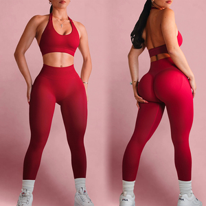 Ensemble de yoga 2 pièces bleu clair pour femme : Crop top dos nageur et leggings taille haute sans couture extensibles – Tenue de sport - Product Image 4