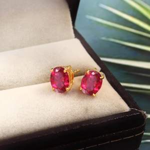 Pendientes de Rubí de Mozambique, Gema Roja Ovalada, Plata de Ley 925, Chapado en Oro de 14K - Product Image 2