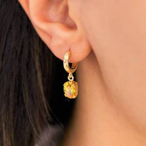 Boucles d'oreilles créoles pendantes Citrine, pierre de naissance de novembre, avec gemme jaune, en argent sterling 925 plaqué or 14K - Product Image 3