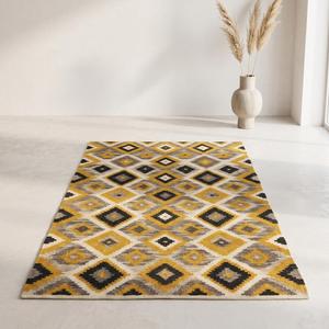 Handwoven Wool Geometric Diamond <b>Rug</b> - Mustard Black Ivory Tribal Kilim Style Area Floor Carpet Modern <b>Boho</b> Home Decor - Product Image 2