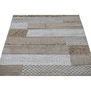 Tapis d'intérieur en laine tissé à la main, patchwork neutre, beige et blanc, à poils ras avec franges - Product Image 1