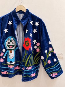 Nostalgic Character Art And Traditional Inspired Suzani Embroidery <b>Velvet</b> Jacket Artistic Playful Fusion Outwear Statement <b>Coat</b> - Product Image 5