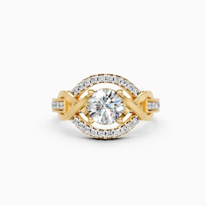 Bague de fiançailles en or jaune avec diamant taille brillant rond, sertissage pavé, halo géométrique, style classique pour femme - Product Image 1
