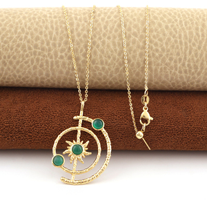 Collier inspiré de l'orbite solaire avec pierres rondes en onyx vert, plaqué or 18 carats, pendentif mode effet éclat solaire, bijoux cadeaux - Product Image 3