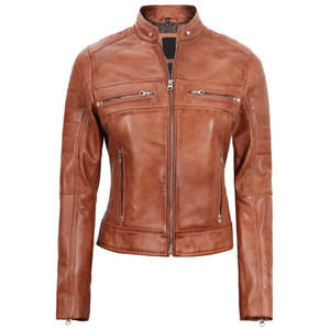 Real Sheepskin Leather <b>Jacket</b> for Women Tan Brown Moto <b>Biker</b> <b>Jacket</b> with Quilted Shoulder & Zipper Pockets - Product Image 1
