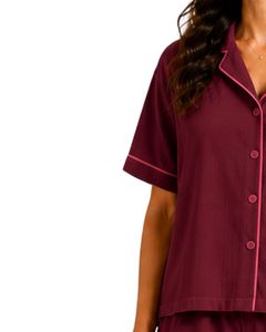Customized Wine <b>Red</b> Women Pajama Set Short Sleeve Button Down Nightwear Soft Breathable Summer Sleepwear Casual Lounge Set - Product Image 3