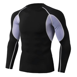 <b>Men</b> Full Sleeve <b>Compression</b> Rash Guard Black Gray Color Blocked Quick Dry Spandex Polyester 140g Digital Print Sport <b>Shirt</b> - Product Image 1