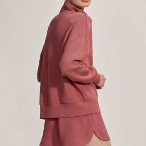 Sudadera con Cierre de Cremallera, Color Rojo Rosa Sólido, Corte Regular, Tejido de Punto con Spandex y Poliéster, Unisex, Estilo Minimalista, Cuello Alto, para Otoño - Product Image 3