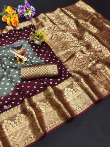 Sari de Seda Kanjivaram Indio, Estilo Bandhani, Traje Tradicional Indio para Bodas y Fiestas - Product Image 2