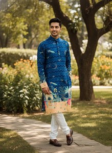 Conjunto de Kurta y Pijama Estampado para Hombre, Rayón, Estilo Étnico, para Fiestas, Largo hasta la Rodilla, Traje Tradicional - Product Image 2