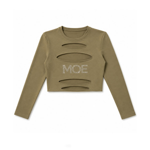 Camiseta de mujer con logo personalizado y adornos de diamantes de imitación, verde oliva, manga larga, corte ajustado, blusa de punto para primavera. - Product Image 4