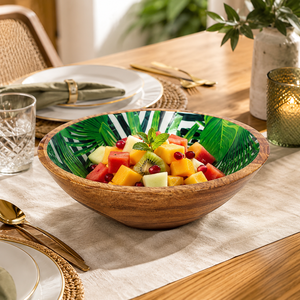 Tazón para Ensalada de Madera de Mango con Estampado de Hojas Verdes Tropicales, Hecho a Mano, Apto para Alimentos, Tazón de Madera para Servir, Tazón para Frutas, Pasta y Comida - Product Image 2