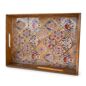 Wood Serving Tray Handmade Wholesale Custom OEM ODM Floral Tile Enamel Decor Serving <b>Platter</b> DECORYUG - Product Image 1