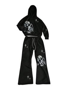 Mens Jogger Set Custom Rhinestone Heavyweight Streetwear Tracksuit Print Acid Wash <b>Distressed</b> Hoodie and Flare Sweatpants Set - Product Image 1
