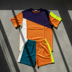 Ensemble d'été 2 pièces pour homme grande taille en coton respirant à manches courtes et short, avec contraste de couleurs et deux empiècements, style urbain - Product Image 6