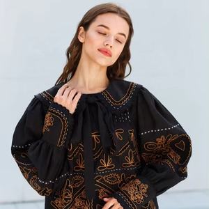 Collared Embroidered <b>Linen</b> <b>Dress</b> Black Wedding Long <b>Dress</b> for Women's and Girls - Product Image 1