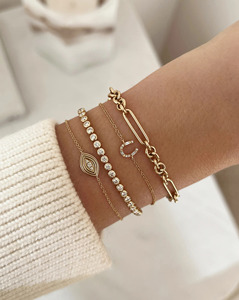 Bracelet en or massif 9K 10K 14K 18K avec diamants CVD de laboratoire VVS DEF, forme fer à cheval, ronds et baguettes, à maillons et chaîne - Product Image 1