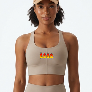 Hot Selling Women <b>Racerback</b> Sports Bra Beige Medium Support Breathable Printed Logo Front Fitness Workout <b>Top</b> For Gym Wear - Product Image 4