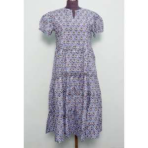 Robe trapèze mi-longue en coton indien imprimé à la main, col en V, manches courtes, pour femme, idéale pour les fêtes, les vacances d'été à la plage - Product Image 1