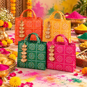 Bolso de mano indio hecho a mano con estampado Bandhani y 2 asas bordadas, ideal para bodas, Haldi, Mehndi y regalos de boda. - Product Image 3
