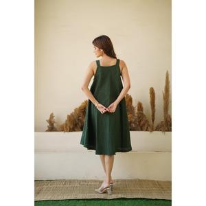 Women <b>Boho</b> Style Cotton Linen Midi <b>Dress</b> Dark Green V Neck Sleeveless casual <b>Summer</b> <b>Dress</b> - Product Image 2