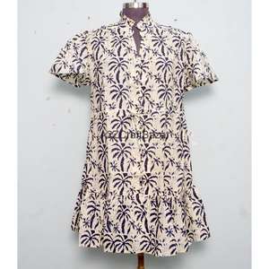 Nuevo Vestido Moderno Estilo Boho Indio con Estampado Floral, de Algodón Tejido, Corte en A, Cuello en V, Manga Corta, con Botones, Transpirable, para Oficina, Fiesta, Mini - Product Image 1