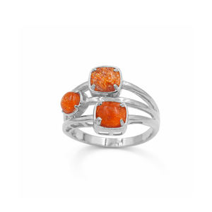 Bague cocktail en pierre de soleil plaquée or 1 micron et rhodium, trois pierres, trois couches, design de créateur - Product Image 4