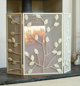 Ivory Willow Metal Fireplace <b>Screen</b> Three Panel Folding Fine Mesh Spark Guard Decorative Hearth <b>Protector</b> Cream Finish - Product Image 1