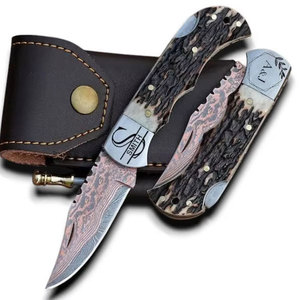 Handmade Folding Pocket EDC Utility Knife Copper Damascus Steel Stag Antler Handle Back <b>Lock</b> Outdoor Camping Hunting Fishing - Product Image 2