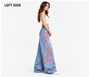 Women's High Waist Wide Leg Denim <b>Jeans</b> With Hand Embroidery <b>Floral</b> Print Casual Loose Fit Full Length Spring Style From India - Product Image 4