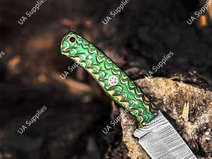 มีดทำมือคุณภาพสูง เหล็กดามัสกัส คมกริบ ใบมีดแบบดรอปพอยต์ 8 นิ้ว สำหรับกิจกรรมกลางแจ้ง ยุทธวิธี เอาตัวรอด ล่าสัตว์ ด้ามไม้ปักก้า - Product Image 6