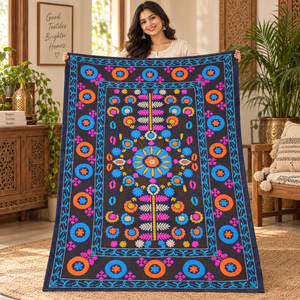 Cubrecama de Lujo Hecho a Mano con Bordado Suzani, de Algodón, Negro Multicolor, Floral, Boho, Étnico Indio, Decoración para el Hogar - Product Image 2